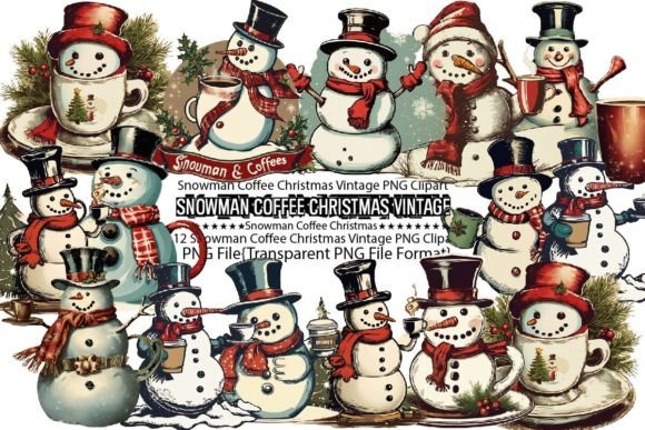 Snowman Coffee Christmas Vintage PNG Graphics and Print Templates