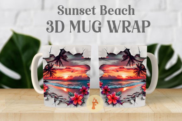Sunset Beach 3D Mug Wrap Design Graphics for Crafts
